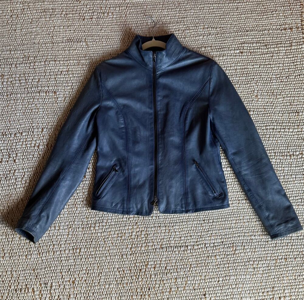 Vintage Italian Blue Genuine Leather Jacket Moto Biker Double Zipper S/M Euro